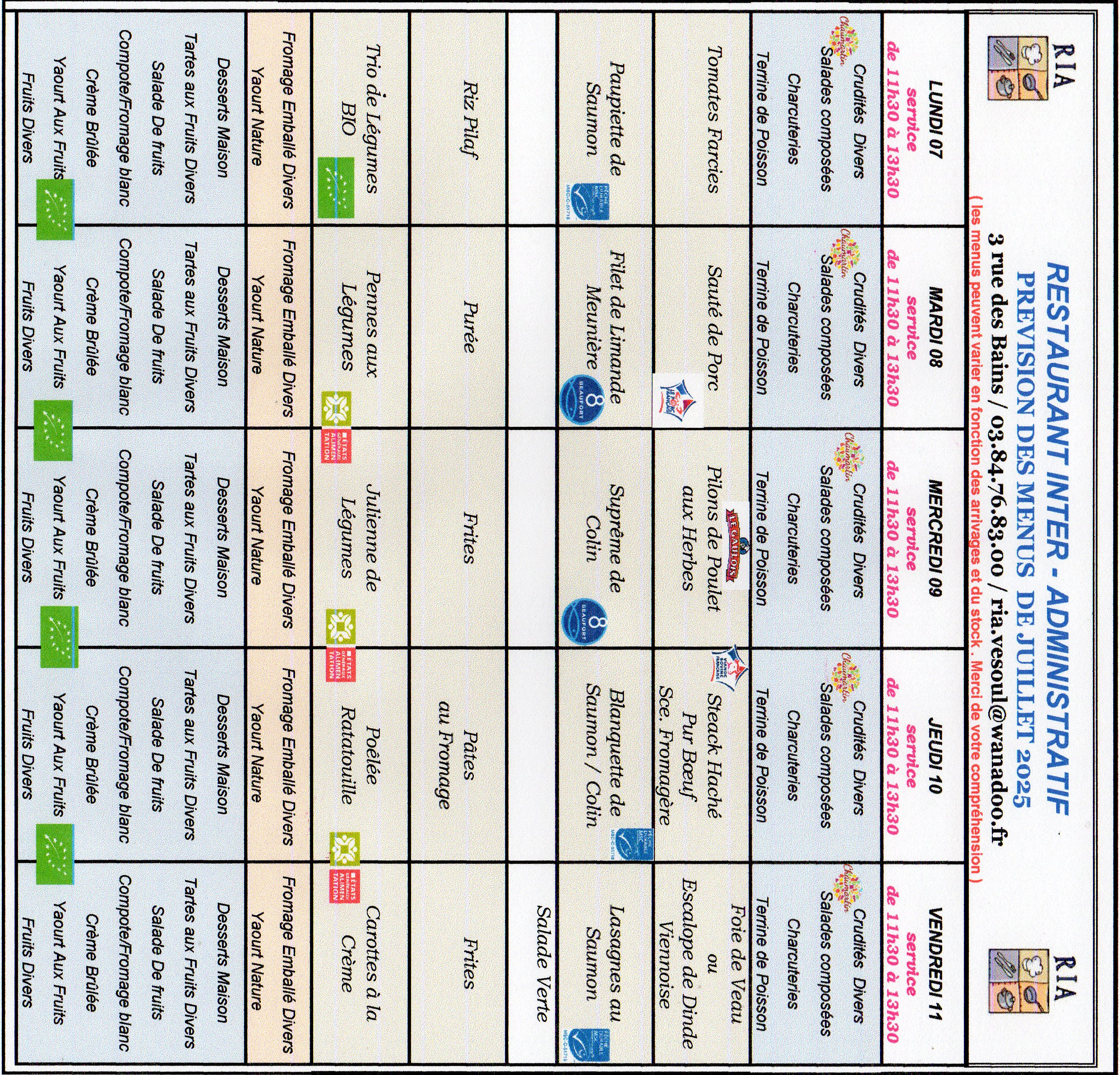 Menus JUILLET 02